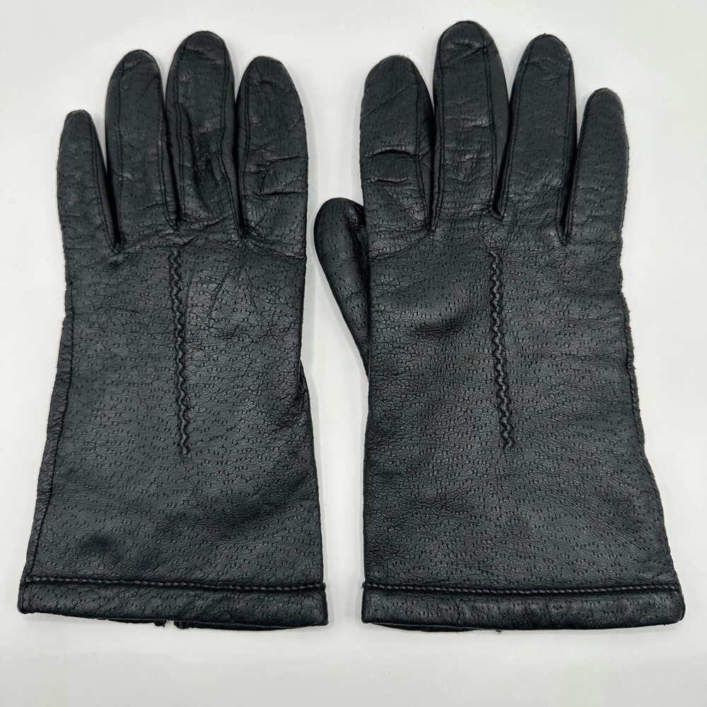 Vintage Fownes Black Leather Wrist Length Driving Gloves Women's Size 7 1/2
